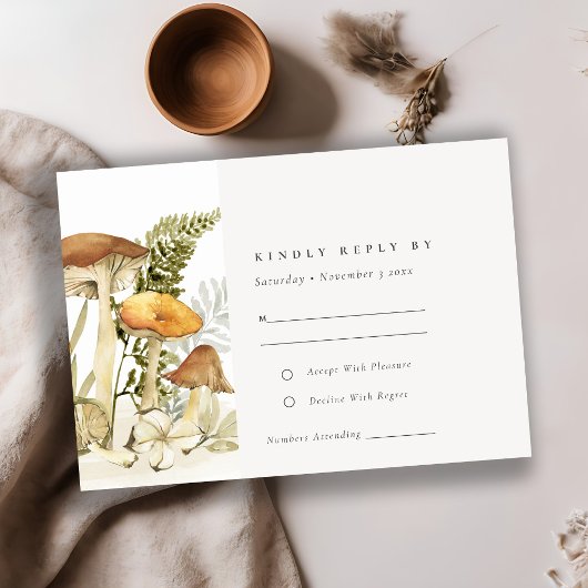 Rust Orange Mushroom Fern Foliage Wedding RSVP Karte