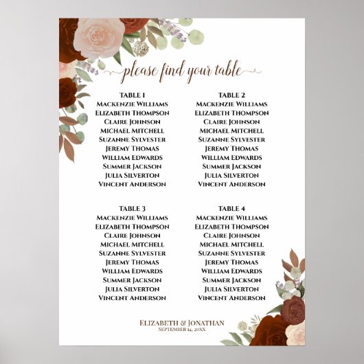 Rust Orange Rose 4 Tabelle Hochzeitstabelle Poster (Vorne)