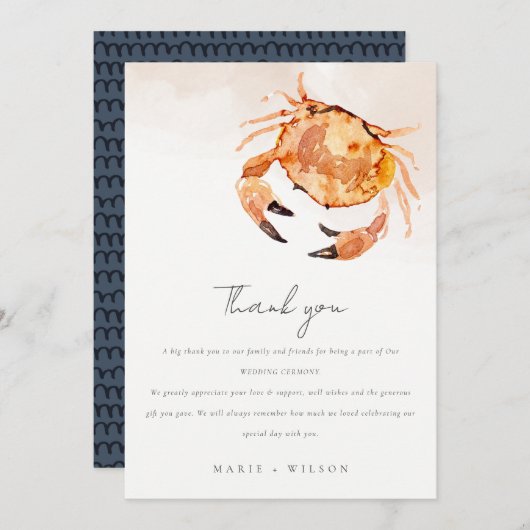 Rust Orange Sand Coastal Crab Nautical Wedding Dankeskarte (Vorne/Hinten)
