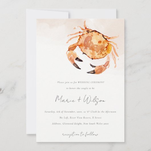 Rust Orange Sand Coastal Crab Nautical Wedding Einladung (Vorderseite)