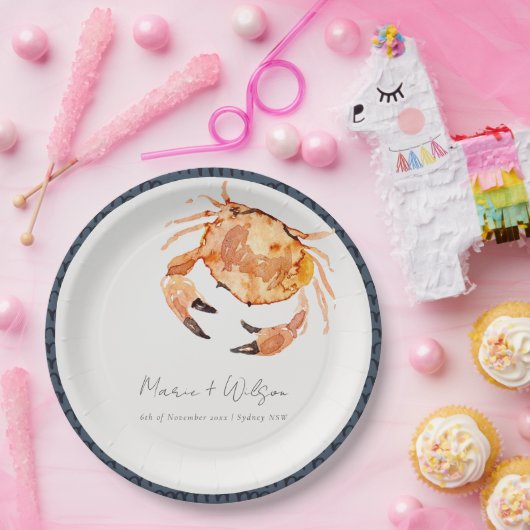 Rust Orange Sand Coastal Crab Nautical Wedding Pappteller (Party)