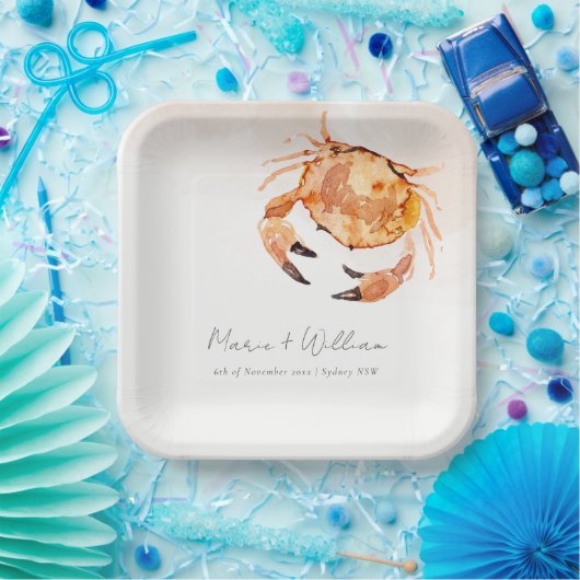 Rust Orange Sand Coastal Crab Nautical Wedding Pappteller (Party)
