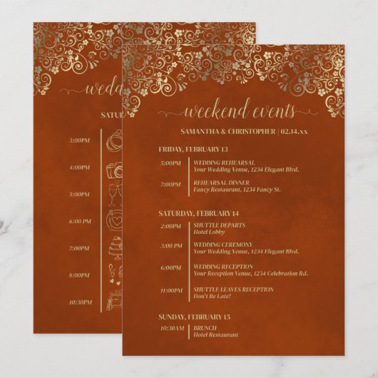 Rust Orange und Gold Glam Hochzeitsveranstaltungen Programm (Vorne/Hinten)