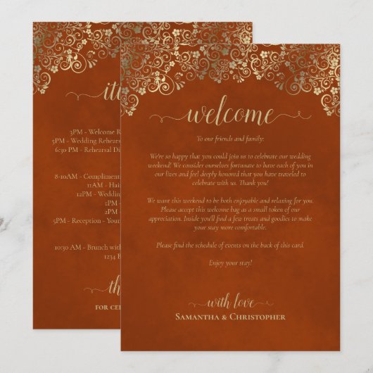 Rust Orange und Gold Hochzeits Willkommen und Zeit Programm (Vorne/Hinten)