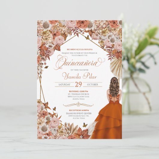Rust Orange Verlasse Autum Falll Floral Quinceaner Einladung (Stehend Vorderseite)