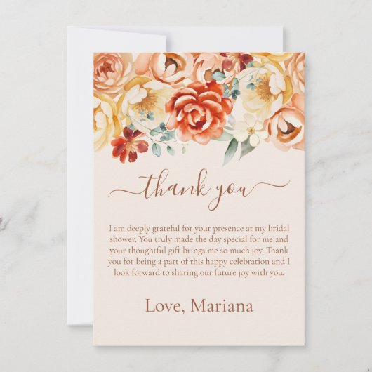 Rust Peach Floral Brautparty Danke Karte (Vorderseite)