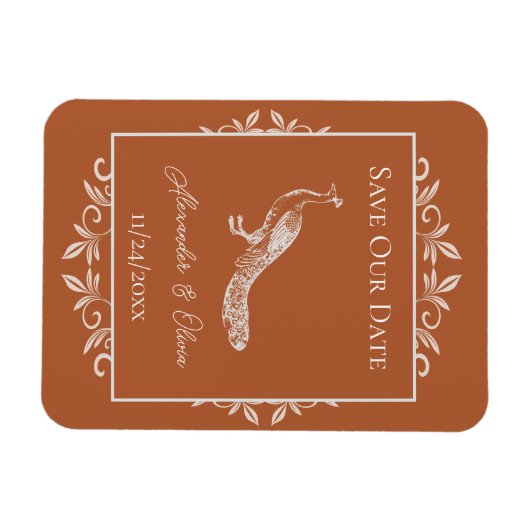 Rust Peacock Blühe das Datumsfenster speichern Magnet (Horizontal)