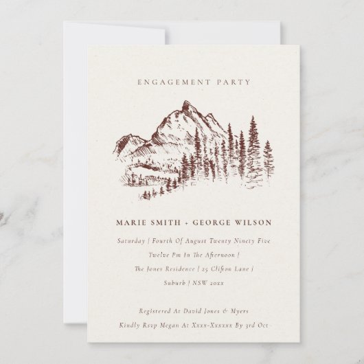 Rust Pine Woods Mountain Sketch Engagement Invite Dankeskarte (Vorderseite)