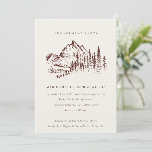Rust Pine Woods Mountain Sketch Engagement Invite Dankeskarte (Stehend Vorderseite)