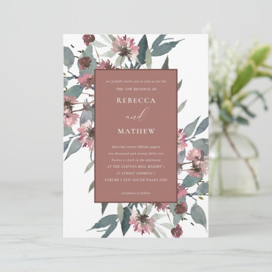 RUST PINK EUCALYPTUS FLORAL VOW RENEWITE INVITE DANKESKARTE (Stehend Vorderseite)