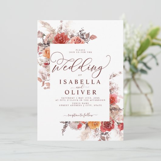 Rust Red Burnt Orange BohoTerracotta Wedding Invit Einladung (Stehend Vorderseite)