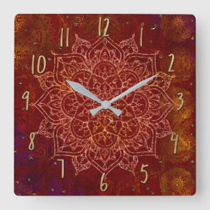 Rust Red Mandala Gold Glam Modern Chic Quadratische Wanduhr