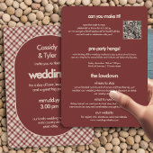 Rust-Rot Karo QR-Code Hochzeit Alles in Einem Einladung