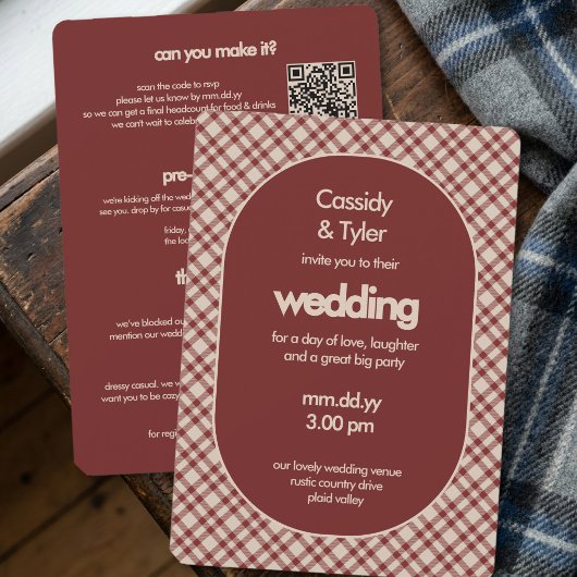 Rust-Rot Karo QR-Code Hochzeit Alles in Einem Einladung