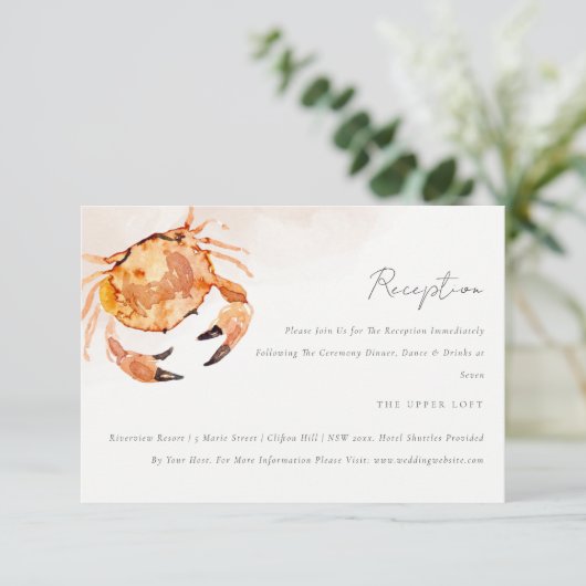 Rust Sand Coastal Crab Nautical Wedding Empfang Begleitkarte (Stehend Vorderseite)