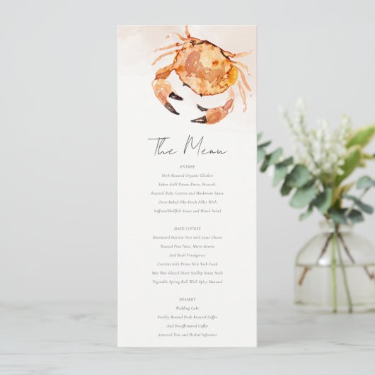 Rust Sand Coastal Crab Nautical Wedding Menu Card Einladung (Stehend Vorderseite)