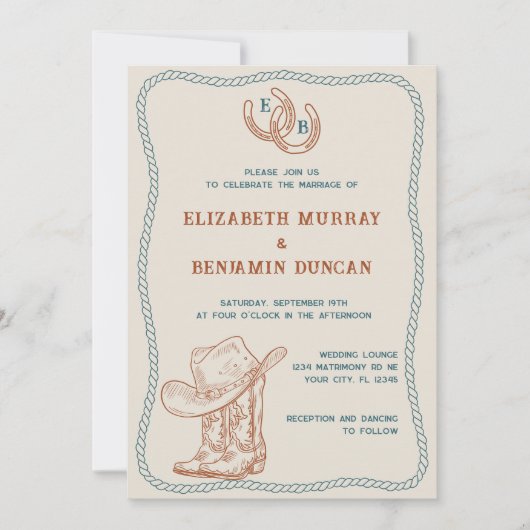 Rust Teal Western Horseshoe Monogram Wedding Einladung (Vorderseite)