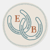 Rust Teal Western Horseshoe Wedding Monogram Runder Aufkleber (Vorderseite)