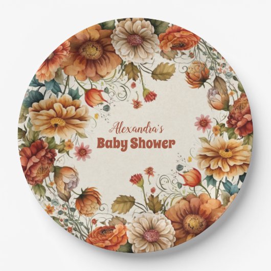 Rust Terracotta Blume Babydusche Pappteller (Vorderseite)