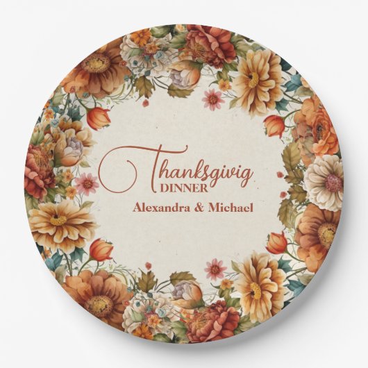 Rust Terracotta Blume Erntedank Abendessen Pappteller (Vorderseite)