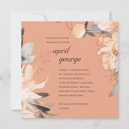 RUST TERRACOTTA BROWN FLORAL BABY SHOWITE EINLADEN DANKESKARTE (Vorderseite)