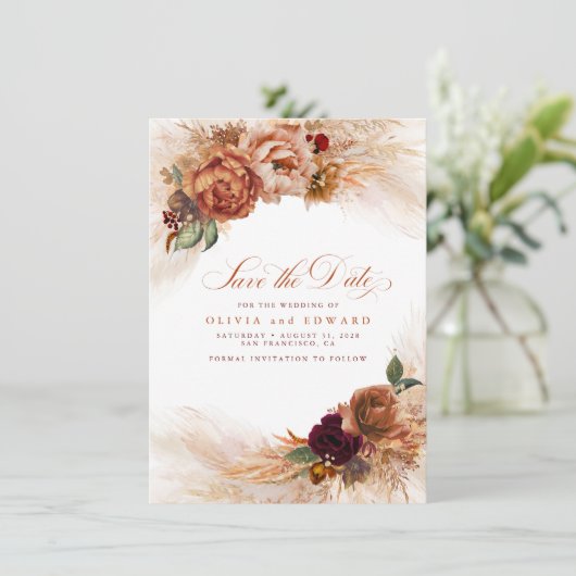 Rust Terracotta Burnt Orange Fall Save the Date Einladung (Stehend Vorderseite)