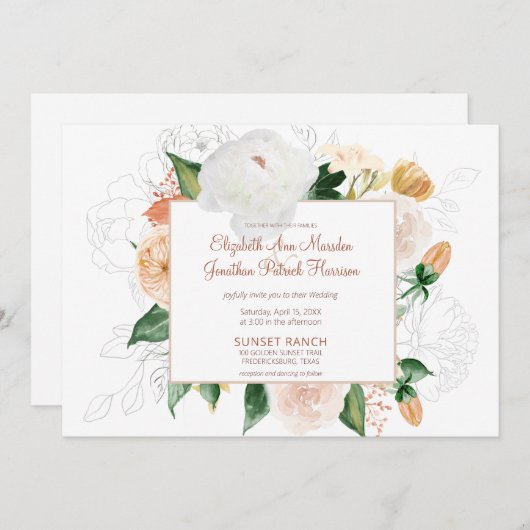 Rust Terracotta Champagne Weiße Blumenzehen Einladung (Vorne/Hinten)