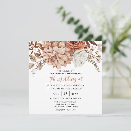 Rust Terracotta Fall Blumenzellenhochzeit Einladun (Stehend Vorderseite)