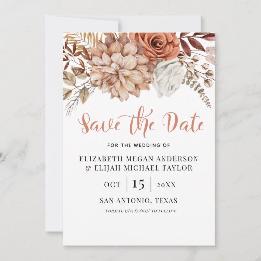 Rust Terracotta Fall Boho Floral Save the Date Einladung (Vorderseite)