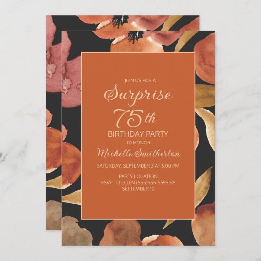 Rust Terracotta Floral Black 75. Überraschung Einladung (Vorne/Hinten)