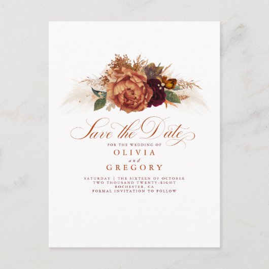 Rust Terracotta Floral Boho Fall Save the Date Ankündigungspostkarte (Vorderseite)