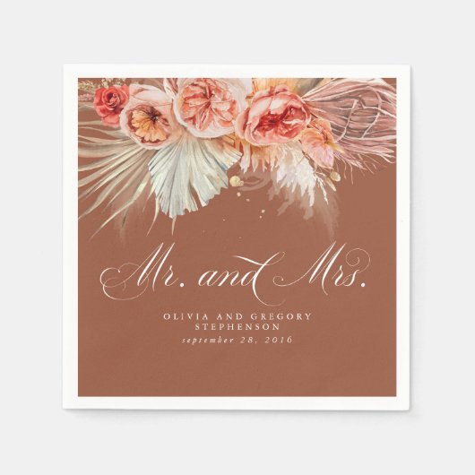 Rust Terracotta Floral Pampas Grass Wedding Napkin Serviette (Vorderseite)