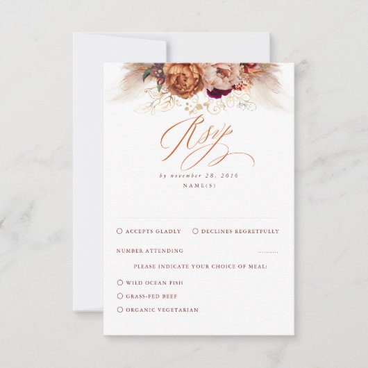 Rust Terracotta Floral Pampas Grass Wedding RSVP Karte (Vorderseite)