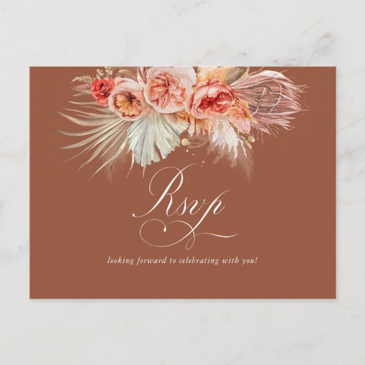 Rust Terracotta Floral Pampas Grass Wedding RSVP Postkarte (Vorderseite)