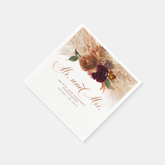 Rust Terracotta Floral Pampas Grass Wedding Serviette (Ecke)