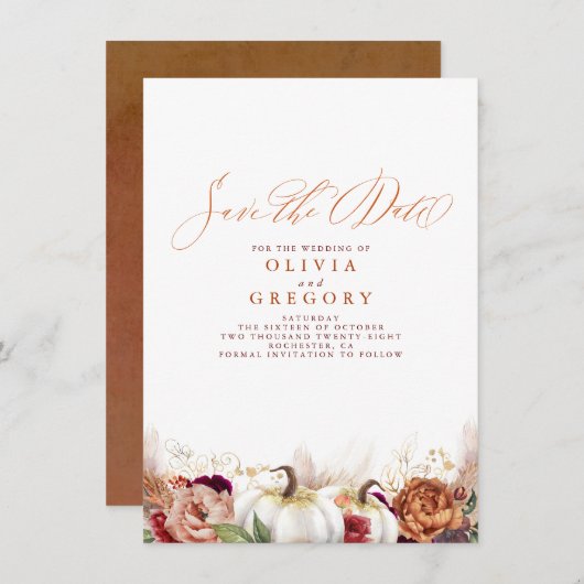 Rust Terracotta Floral Pumpkins fallen Save the Da Ankündigung (Vorne/Hinten)