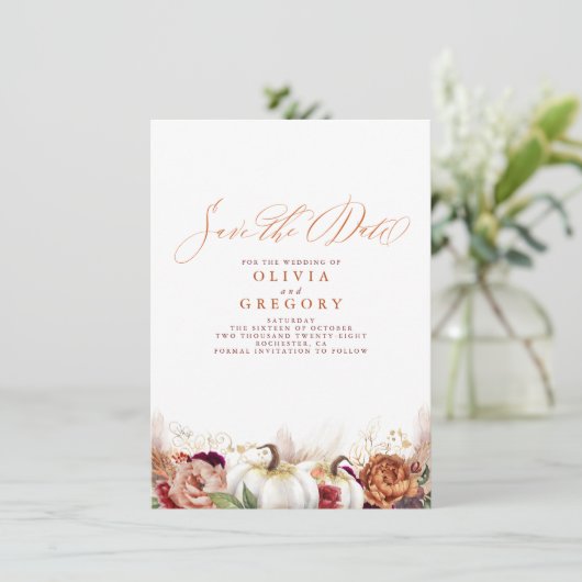 Rust Terracotta Floral Pumpkins fallen Save the Da Ankündigung (Stehend Vorderseite)