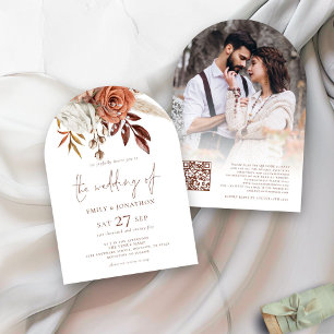 Rust Terracotta Florals Foto QR Code Wedding Arch Einladung