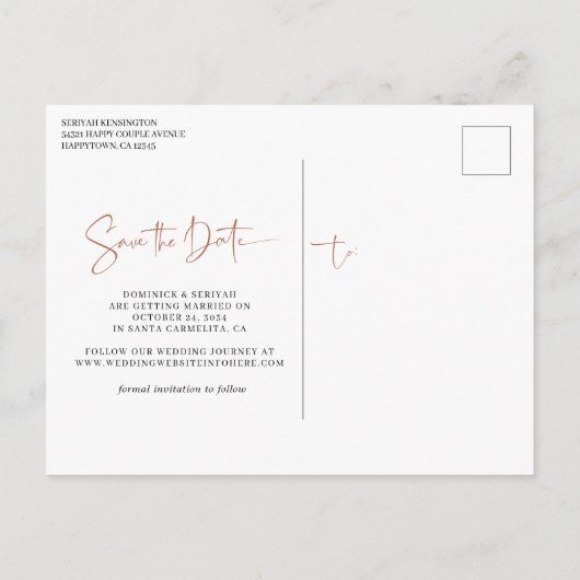 Rust Terracotta handgeschriebene Hochzeit Sichern Postkarte (Rückseite)