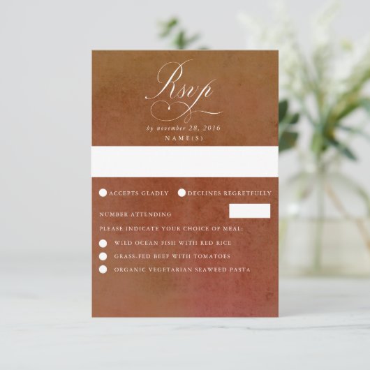 Rust Terracotta Kupfer Shades Background Wedding RSVP Karte (Stehend Vorderseite)