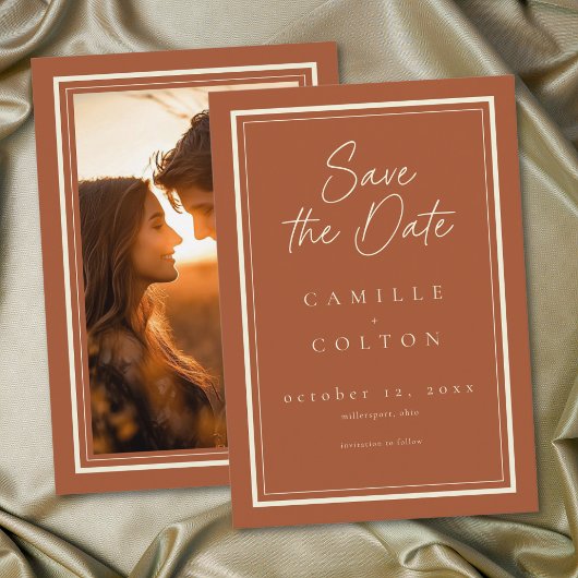 Rust Terracotta Minimalist Frame Wedding Photo Save The Date