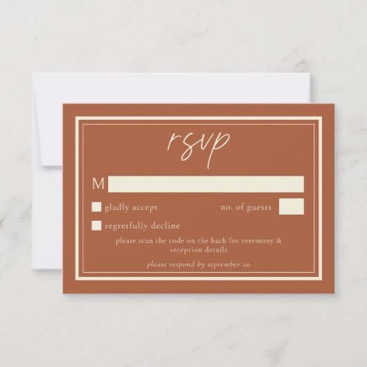 Rust Terracotta Minimalist Frame Wedding QR Code RSVP Karte (Vorderseite)