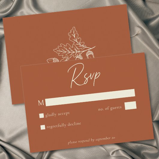 Rust Terracotta Minimalist Leaf Acorn Fall Wedding RSVP Karte