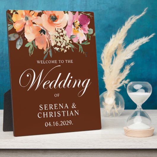 Rust Terrakotta Blumen Hochzeit Willkommen Fotoplatte (Seite)