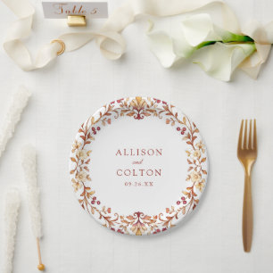 Rust Vintage Botanische Blumige Rahmen Hochzeit im Pappteller