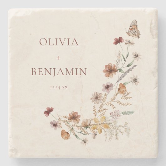 Rust-Wildblumen-Boho-Personalisiertes-Hochzeitsand Steinuntersetzer (Vorderseite)