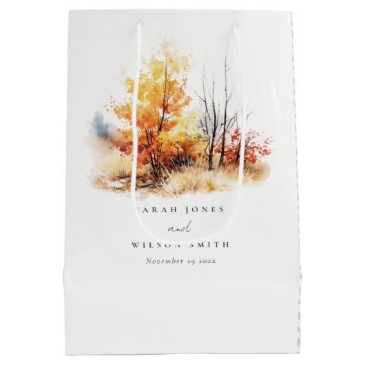 Rust Yellow Autumn Fall Landscape Plaid Wedding Mittlere Geschenktüte (Rückseite)
