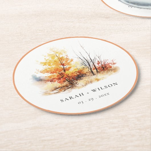 Rust Yellow Autumn Fall Landscape Plaid Wedding Runder Pappuntersetzer (Angewinkelt)
