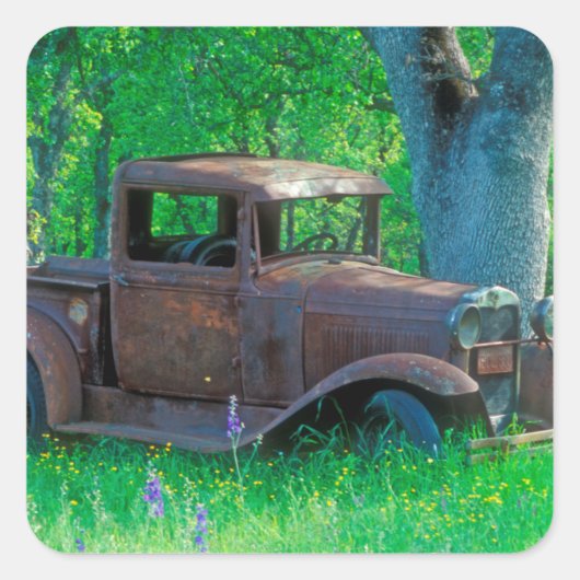 Rusted truck in a meadow quadratischer aufkleber (Vorderseite)