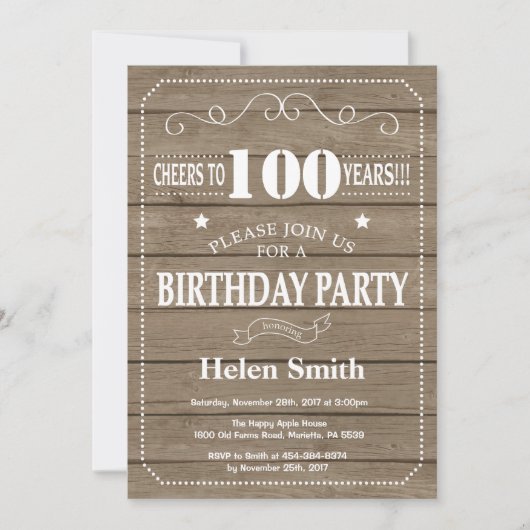 Rustic 100th Birthday Invitation Einladung (Vorderseite)